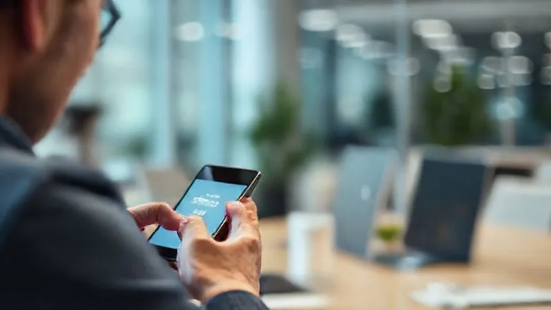 A photorealistic image of a website loading bar stuck at 90%, with a frustrated person looking at their smartphone in a modern office setting. Cinematic lighting, sharp focus on the phone screen, depth of field blurring the background. Professional photography, 8K hyper-detailed.
