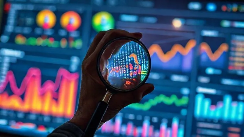 A photorealistic image of a freelancer's hand holding a magnifying glass over a digital dashboard displaying various colorful charts and graphs (conversion rates, traffic sources, bounce rates). Cinematic lighting, sharp focus on the dashboard, depth of field blurring the background, reflecting analytical thought. Professional photography, 8K hyper-detailed.