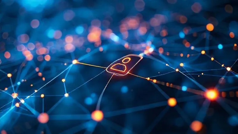 A photorealistic image of a digital web of interconnected lines and dots, visually representing retargeting ads following a user across different websites and devices. Glowing blue and orange light, abstract and futuristic, sharp focus on the central user icon, depth of field blurring the background. Professional photography, 8K hyper-detailed.