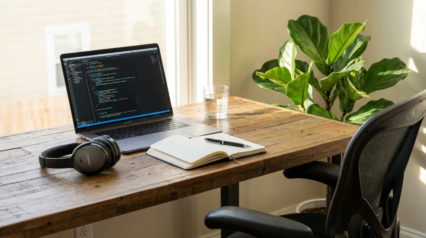 photorealistic, a freelancer's desk, organized with a laptop, notebook, pen, headphones, and a glass of water, a plant adds a touch of nature, the lighting is soft and inviting