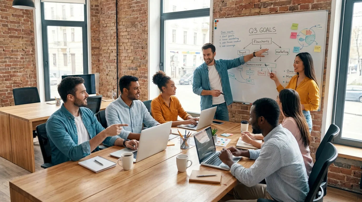 photorealistic, a group of freelancers collaborating in a co-working space, they are working on laptops and discussing ideas, there is a whiteboard with notes and diagrams