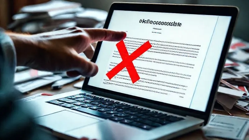 Photorealistic, professional photography, 8K, cinematic lighting, sharp focus, depth of field, shot on a high-end DSLR. A frustrated freelancer's hand hovering over a generic copy-pasted proposal template on a laptop screen, with a digital red 'X' overlay, symbolizing rejection. The background is slightly out of focus, showing a pile of rejected applications.