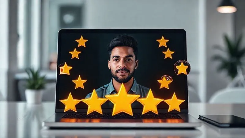 Photorealistic, professional photography, 8K, cinematic lighting, sharp focus, depth of field, shot on a high-end DSLR. A freelancer's professional headshot on a laptop screen, surrounded by glowing positive feedback stars and badges, symbolizing a highly optimized and successful Upwork profile. The background is a clean, modern workspace.