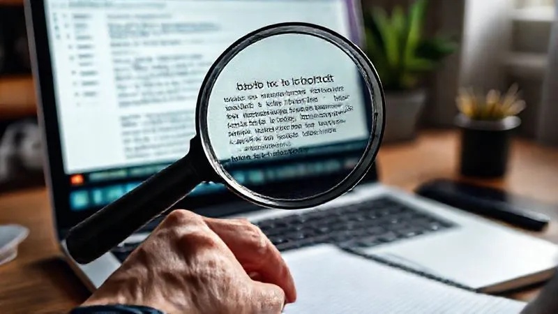 Photorealistic, professional photography, 8K, cinematic lighting, sharp focus, depth of field, shot on a high-end DSLR. A digital magnifying glass hovering over a laptop screen, highlighting specific keywords and phrases within a project description, with a freelancer's hand taking notes beside it. The scene conveys meticulous research and strategic planning.