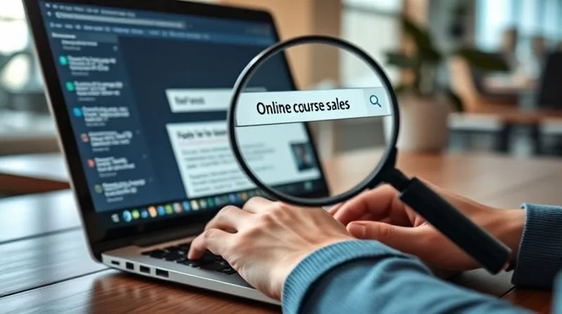 A photorealistic image of a person's hand typing on a laptop keyboard, with a magnifying glass hovering over the screen showing search results. The screen displays a blog post title related to 'online course sales'. Cinematic lighting, sharp focus on the hand and screen, depth of field blurring a modern workspace, 8K hyper-detailed, professional photography, shot on a high-end DSLR.