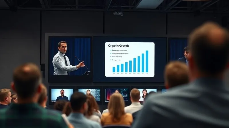 A photorealistic image of a virtual online conference screen, displaying a dynamic speaker in one window and an engaged audience in smaller windows below. The speaker is pointing to a presentation slide with a graph showing 'Organic Growth'. Cinematic lighting, sharp focus on the main speaker, depth of field blurring the audience, 8K hyper-detailed, professional photography, shot on a high-end DSLR.