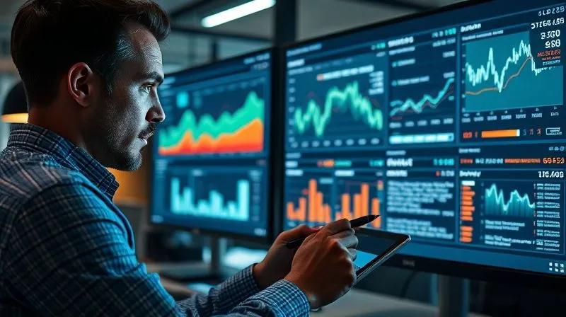 A photorealistic image of a data analyst intently examining a dashboard on a large monitor, displaying complex graphs and charts related to sales performance and organic traffic. The analyst is using a stylus on a tablet. Cinematic lighting, sharp focus on the monitor and analyst's face, depth of field blurring the office background, 8K hyper-detailed, professional photography, shot on a high-end DSLR.