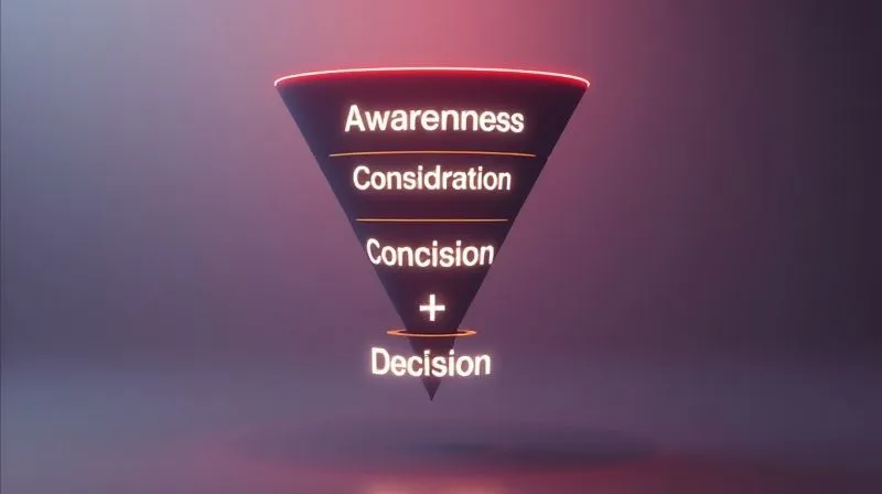 A photorealistic, professional photography of a modern, clean marketing funnel diagram. The funnel should be illuminated with soft, cinematic lighting, showing distinct stages: 'Awareness' at the top, 'Consideration' in the middle, and 'Decision' at the bottom. The stages are clearly labeled with subtle glowing text. Arrows indicate a smooth, automated flow downwards, with a focus on efficiency and qualification. 8K hyper-detailed, sharp focus, depth of field blurring a minimalist background, shot on a high-end DSLR.