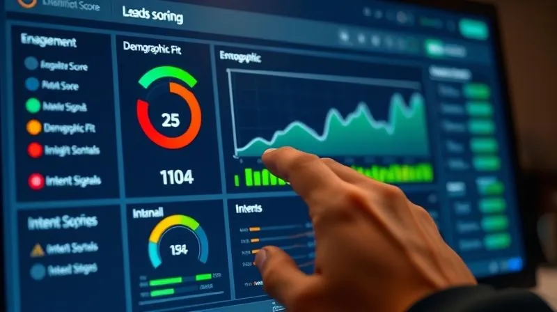 A photorealistic, professional photography of a modern dashboard displaying a lead scoring system. The screen shows various metrics: 'Engagement Score', 'Demographic Fit', 'Intent Signals', with numerical values and color-coded bars (green for high, red for low). A prominent graph illustrates lead progression through different qualification stages. The interface is clean and intuitive, with cinematic lighting highlighting key data points. 8K hyper-detailed, sharp focus on the screen, depth of field blurring a user's hand hovering over a mouse, professional photography, shot on a high-end DSLR.