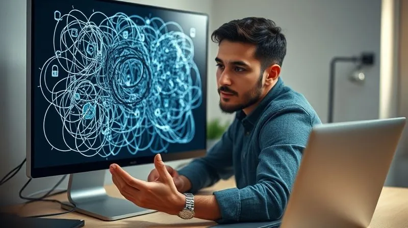 A photorealistic image of a freelancer sitting at a desk, looking confidently at a complex, tangled web of digital wires and data streams on a screen, symbolizing common automation challenges. One hand is reaching out, calmly untangling a specific knot, showing clarity and problem-solving. The background is a modern, slightly minimalist workspace. Cinematic lighting, sharp focus on the freelancer and the screen, depth of field, 8K hyper-detailed, professional photography, shot on a high-end DSLR.
