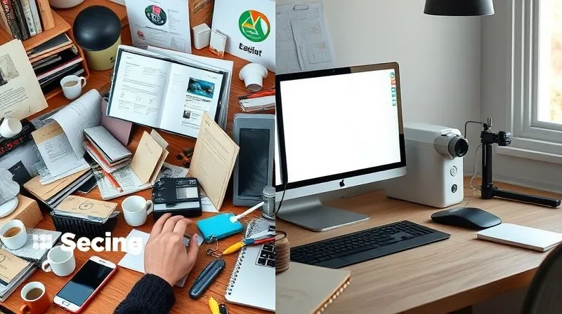 A split image: on the left, a cluttered, chaotic freelancer's desk with multiple open tabs, overflowing coffee cups, and stressed hands typing furiously. On the right, the same desk, now organized, minimalist, with a single focused screen, and calm hands resting, suggesting peace and efficiency. Photorealistic, professional photography, 8K, cinematic lighting, sharp focus, depth of field, shot on a high-end DSLR.