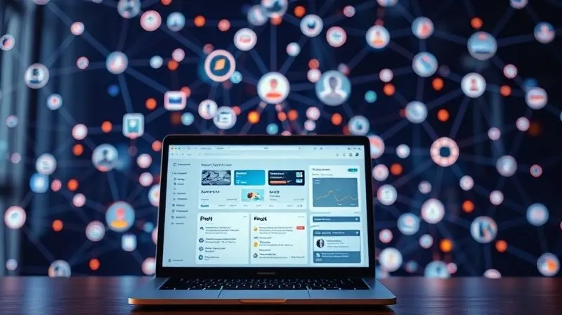 A photorealistic intricate digital network of interconnected apps and platforms, represented by glowing lines and nodes, flowing seamlessly from one interface to another, symbolizing efficient automated workflows for a freelancer. In the foreground, a minimalist laptop screen displaying a calm, organized project dashboard. Professional photography, 8K, cinematic lighting, sharp focus on the network, depth of field blurring the background. Shot on a high-end DSLR.
