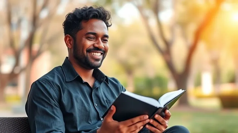 A serene freelance professional (male or female, diverse ethnicity) enjoying a peaceful moment outdoors, perhaps reading a book in a park or meditating by a window, with a subtle, futuristic overlay in the background hinting at their automated work systems running smoothly without their direct intervention. The expression is one of contentment and relaxation. Photorealistic, professional photography, 8K, cinematic lighting, sharp focus on the person, depth of field blurring the environment. Shot on a high-end DSLR.