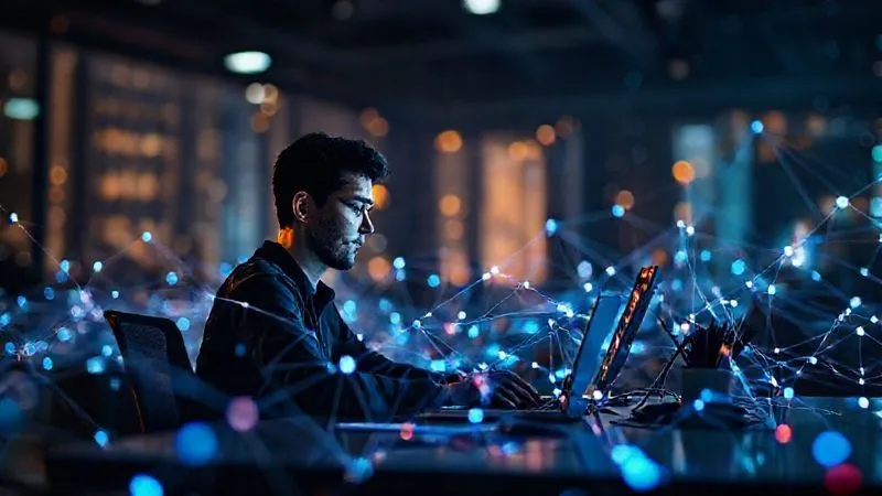 A photorealistic image of a vibrant, interconnected digital network overlaying a freelancer working calmly at a desk, symbolizing efficiency and growth through automation. Cinematic lighting, sharp focus on the network and freelancer, depth of field blurring the background. 8K hyper-detailed, professional photography, shot on a high-end DSLR.