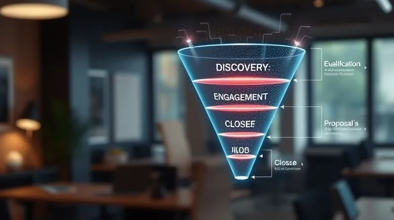 A photorealistic image of a detailed sales funnel diagram, glowing with digital data flow, superimposed over a blurred background of a consultant's office. The funnel has distinct stages labeled 'Discovery', 'Qualification', 'Engagement', 'Proposal', and 'Close', with data points moving between them, symbolizing efficiency and progress. Cinematic lighting, sharp focus, depth of field, 8K hyper-detailed.