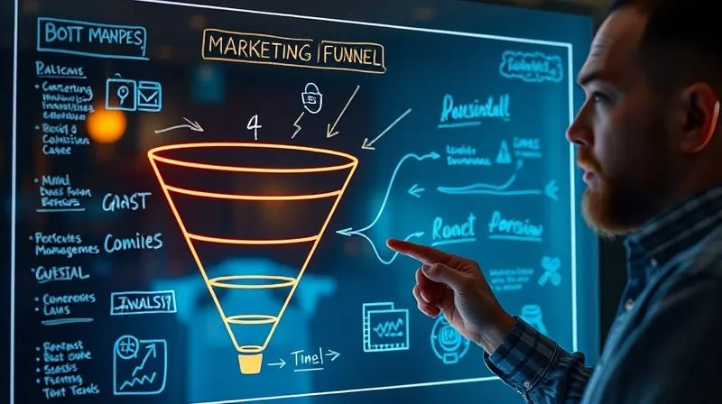 photorealistic, professional photography, 8K, cinematic lighting, sharp focus, depth of field, shot on a high-end DSLR. A detailed, glowing digital marketing funnel diagram displayed on a transparent screen, overlaid with handwritten notes and arrows, symbolizing the mapping process. A thoughtful web freelancer is pointing at a specific bottleneck in the funnel, conveying analysis and strategy.