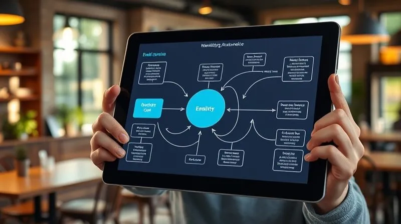 photorealistic, professional photography, 8K, cinematic lighting, sharp focus, depth of field, shot on a high-end DSLR. A vibrant, flowing diagram representing an email marketing automation sequence, with different paths and decision points, displayed on a tablet screen held by a focused web freelancer. The background is a modern, sunlit cafe, suggesting flexibility and efficiency.