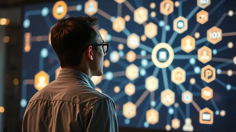 photorealistic, professional photography, 8K, cinematic lighting, sharp focus, depth of field, shot on a high-end DSLR. A complex, glowing network of interconnected digital tools and platforms, represented by abstract icons, forming a seamless workflow. In the foreground, a web freelancer is observing the flow on a large transparent screen, conveying mastery over integrated systems.