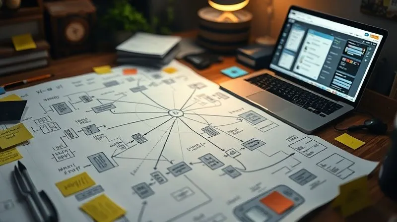 A photorealistic image of a freelancer's desk with a large, intricate flowchart diagram laid out, showing interconnected tasks and processes with arrows, surrounded by sticky notes and a laptop displaying a digital workflow mapping tool. Cinematic lighting, sharp focus on the diagram, depth of field blurring the background. 8K hyper-detailed, professional photography, shot on a high-end DSLR.
