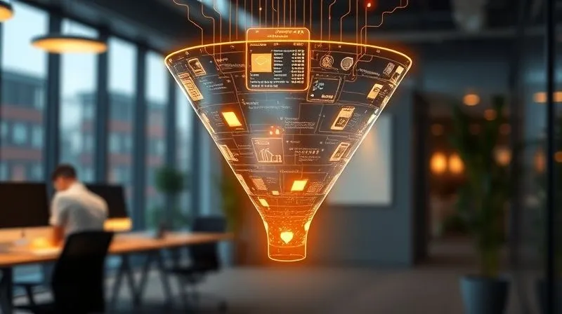A photorealistic image depicting a digital sales funnel, with glowing data flowing smoothly from a wide top (prospects) down to a narrow bottom (converted clients). The funnel is composed of interconnected digital modules representing automated steps like email sequences and CRM entries. Cinematic lighting, sharp focus on the data flow, depth of field blurring a background of a modern office. 8K hyper-detailed, professional photography, shot on a high-end DSLR.