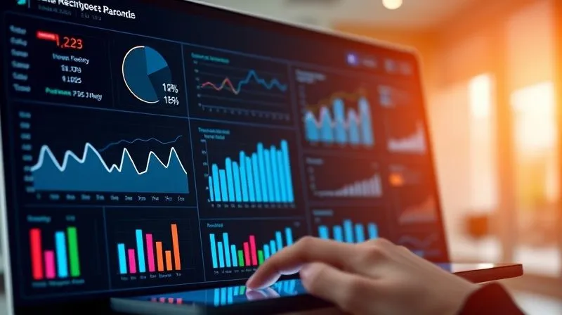 A photorealistic image of a sleek, modern digital dashboard displaying financial metrics: revenue charts, expense breakdowns, and profit graphs, all updating in real-time. A hand hovers over a tablet interacting with the data. Cinematic lighting, sharp focus on the dashboard, depth of field blurring the background. 8K hyper-detailed, professional photography, shot on a high-end DSLR.