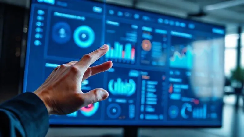 A photorealistic image of a sleek, modern project management dashboard displayed on a large monitor, showing various charts, task lists, and team progress. The screen emits a soft blue light, highlighting key performance indicators. In the foreground, a person's hand is gently interacting with a holographic interface, symbolizing intuitive control and automation. Cinematic lighting, sharp focus on the dashboard details, depth of field blurring the office background, 8K hyper-detailed, shot on a high-end DSLR.