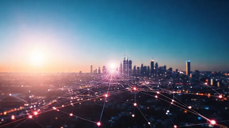 A photorealistic image of a vibrant, interconnected network of data flows and digital processes, symbolizing a smoothly scaled business. Lines of light connect various nodes representing projects, teams, and clients, all moving efficiently towards a central, glowing hub. In the background, a silhouette of a growing city skyline under a clear, bright sky, suggesting expansion and success. Cinematic lighting, sharp focus on the intricate network, depth of field creating a sense of vastness, 8K hyper-detailed, shot on a high-end DSLR.