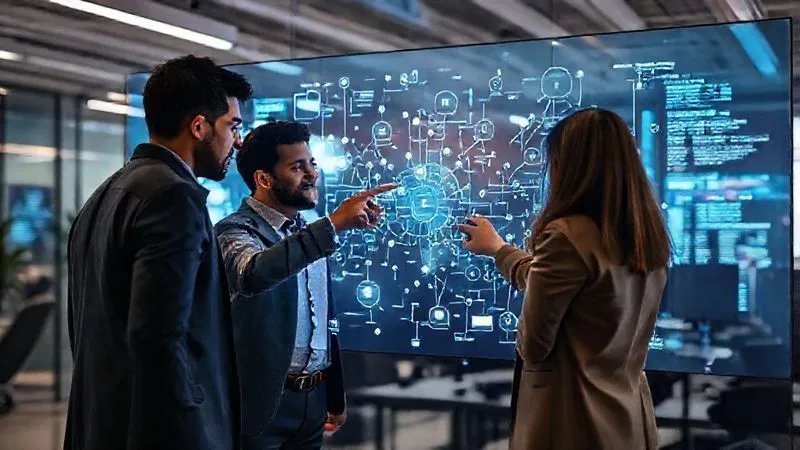 A photorealistic image of a diverse team of professionals collaboratively solving a complex digital puzzle on a large interactive screen. They are pointing at different parts of the screen, discussing and making adjustments to a network of interconnected tasks. The atmosphere is one of focused problem-solving and innovation, with data streams flowing around them. Cinematic lighting, sharp focus on the team's interaction and the screen, depth of field blurring the background office, 8K hyper-detailed, shot on a high-end DSLR.