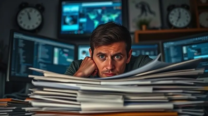 A photorealistic image of a stressed freelancer looking overwhelmed by a pile of documents and multiple digital screens, with a clock showing late hours. The scene is dimly lit, emphasizing the exhaustion and burden. 8K hyper-detailed, professional photography, cinematic lighting, sharp focus on the freelancer's face, depth of field blurring the background. Shot on a high-end DSLR.