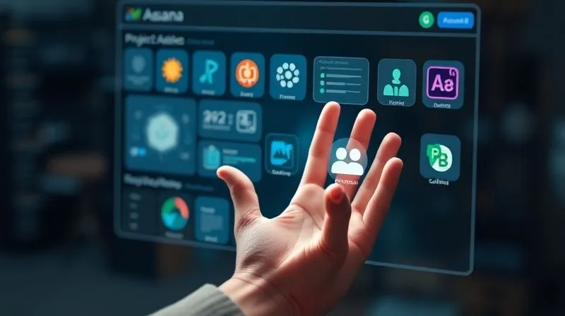 A photorealistic image of a freelancer's hand interacting with a holographic project management dashboard. Various icons representing different tools (Asana, Calendly, FreshBooks) are seamlessly integrated, creating a futuristic and efficient workspace. Cinematic lighting, sharp focus on the hand and holographic interface, depth of field blurring the background. 8K hyper-detailed, professional photography, shot on a high-end DSLR.