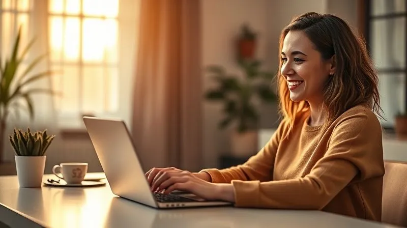 A photorealistic image of a female freelancer (Paula) smiling confidently while looking at a highly organized digital project dashboard on her laptop, bathed in warm, empowering cinematic light. A cup of coffee and a small plant are on her clean desk. The background is slightly blurred, suggesting a peaceful home office. 8K hyper-detailed, professional photography, sharp focus on Paula and the screen, depth of field. Shot on a high-end DSLR.