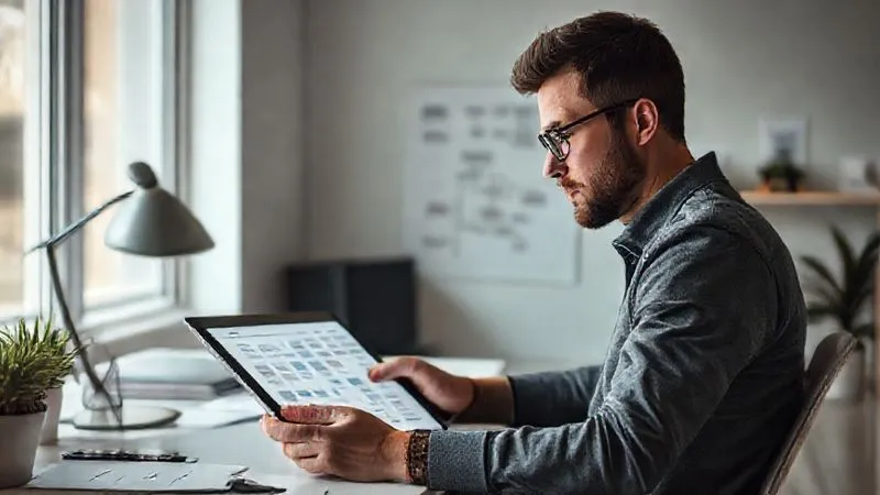 A photorealistic image of a freelancer looking thoughtfully at a flowchart on a digital tablet, surrounded by a serene, minimalist workspace, cinematic lighting, 8K hyper-detailed.