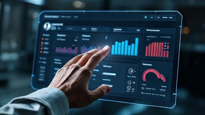 A photorealistic image of a freelancer's hand interacting with a holographic interface displaying a CRM dashboard with client profiles and sales funnels, futuristic yet professional, cinematic lighting, 8K hyper-detailed.