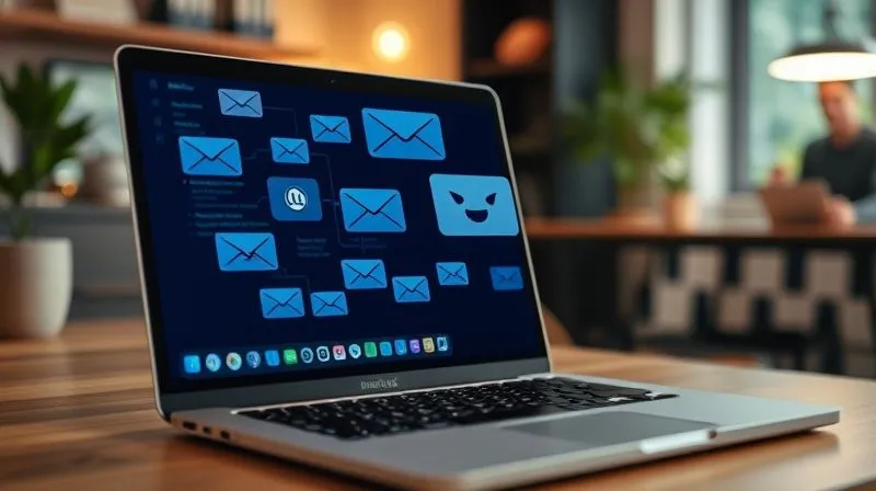 A photorealistic image of a series of digital messages and emails flowing seamlessly into a student's laptop screen, with a friendly face on a video call icon, representing automated onboarding. Cinematic lighting, sharp focus on the screen, depth of field blurring a cozy home office background, 8K hyper-detailed, professional photography, shot on a high-end DSLR.