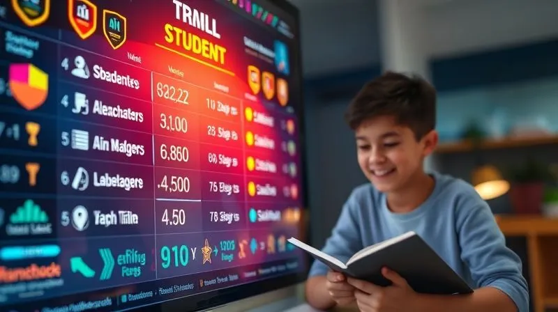 A photorealistic image of a vibrant, holographic leaderboard displaying student names and scores, superimposed over a digital learning interface. Badges and stars glow, indicating achievements. Cinematic lighting, sharp focus on the leaderboard, depth of field blurring the background of a student happily studying, 8K hyper-detailed, professional photography, shot on a high-end DSLR.