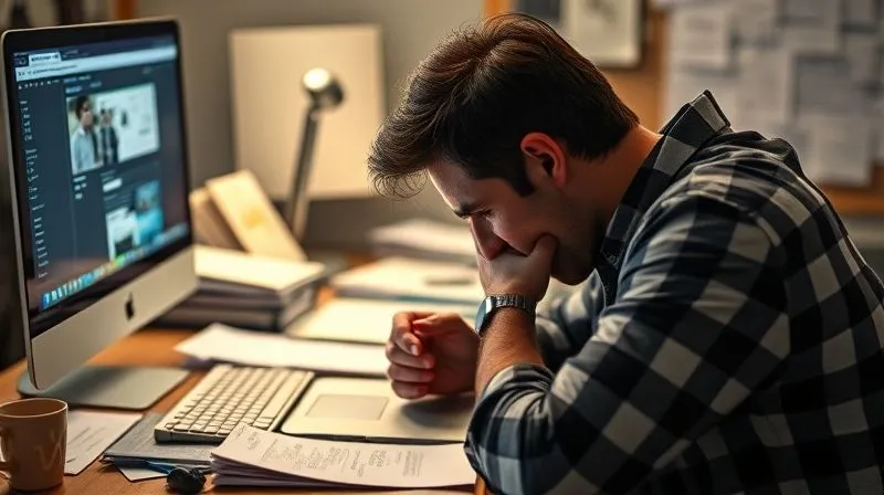 A photorealistic image of a freelancer, mid-30s, looking overwhelmed and stressed, sitting at a desk cluttered with papers and multiple open browser tabs on a computer screen. Their head is in their hands, surrounded by a subtle aura of exhaustion. Cinematic lighting, sharp focus on the person's face, depth of field blurring the background. 8K hyper-detailed, professional photography, shot on a high-end DSLR.