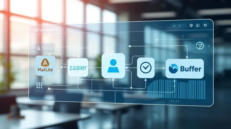 A photorealistic image of a sleek, futuristic digital dashboard displaying various interconnected software logos like Zapier, Asana, MailerLite, and Buffer. Lines and arrows show data flowing seamlessly between them, representing workflow automation. The dashboard is glowing with subtle blue and green lights, set against a blurred, modern office background. Cinematic lighting, sharp focus on the dashboard, depth of field. 8K hyper-detailed, professional photography, shot on a high-end DSLR.
