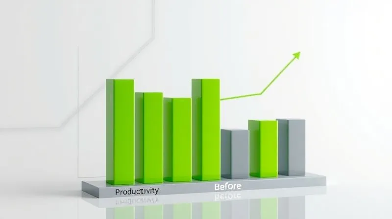 A photorealistic 3D bar chart showing significant growth in "Productivity" and "Time Saved" metrics after automation implementation. The bars are vibrant green, contrasting with smaller, dull gray bars representing the "before" state. The chart is set against a minimalist, bright background, with a subtle digital interface overlay. Cinematic lighting, sharp focus on the data, depth of field. 8K hyper-detailed, professional photography, shot on a high-end DSLR.