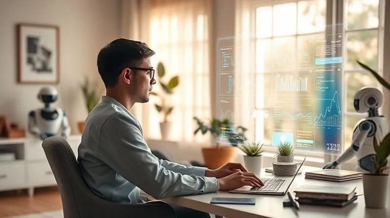 A photorealistic image depicting a futuristic, serene home office bathed in soft, natural light. A freelancer is calmly interacting with a holographic interface, showing complex data visualizations and automated tasks flowing seamlessly. Robotic assistants are subtly in the background, handling mundane tasks. The overall mood is one of effortless productivity and technological harmony. Cinematic lighting, sharp focus on the freelancer and interface, depth of field. 8K hyper-detailed, professional photography, shot on a high-end DSLR.