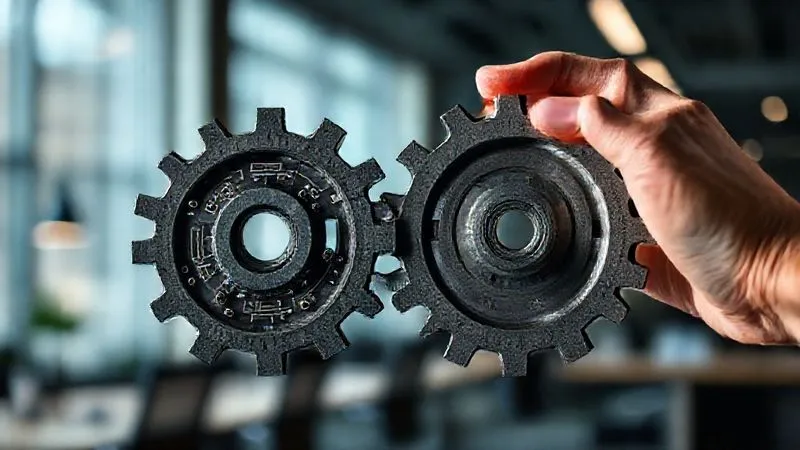 A photorealistic image of two gears interlocking perfectly, one gear representing "Efficiency" with digital circuits, and the other representing "Personalization" with a soft, human hand touching it gently. Cinematic lighting, sharp focus on the interlocking gears, depth of field blurring a background of a modern office. 8K hyper-detailed, professional photography.