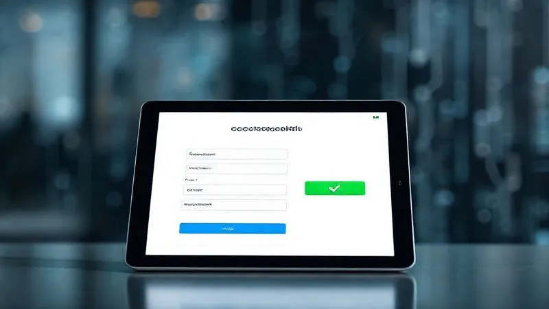 A photorealistic image of a sleek, modern tablet displaying a simplified online course registration form, with a green checkmark indicating successful submission. In the background, a blur of digital lines and data flows, representing seamless automation. Cinematic lighting, sharp focus on the tablet, depth of field. 8K hyper-detailed, shot on a high-end DSLR.