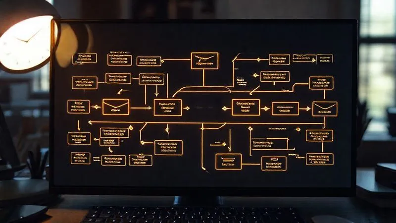 A photorealistic, top-down view of a complex digital workflow diagram on a glowing screen, illustrating a sophisticated email automation sequence for online courses. Arrows indicate different paths based on user behavior (e.g., 'opened email', 'completed module', 'inactive'). Cinematic lighting, sharp focus on the intricate flow, depth of field blurring the surrounding desk. 8K hyper-detailed, shot on a high-end DSLR.