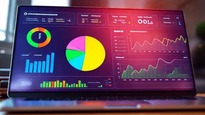 A photorealistic, vibrant digital dashboard displaying various key performance indicators (KPIs) related to online course automation: a large pie chart for conversion rates, bar graphs for email open/click rates, and line graphs for student engagement over time. The data is clear, colorful, and easy to interpret, with cinematic lighting emphasizing the most important metrics. Sharp focus on the dashboard, depth of field blurring a laptop in the foreground. 8K hyper-detailed, shot on a high-end DSLR.