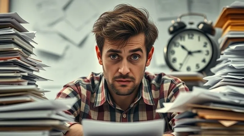 A photorealistic image of a frustrated freelancer surrounded by piles of paper documents and an overflowing email inbox, with a clock ticking rapidly in the background, cinematic lighting, sharp focus on the overwhelmed expression, depth of field, 8K hyper-detailed.