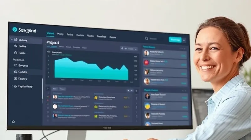 A photorealistic image of a highly organized digital dashboard, displaying project timelines, task lists, and client communication threads, with a happy, focused freelancer smiling in the background. The scene is clean, modern, with soft, natural light, 8K hyper-detailed, sharp focus on the screen.
