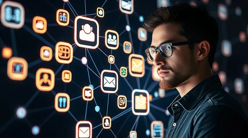 A photorealistic image of a complex but visually clear digital network, with various application icons (CRM, project management, email, finance) connected by glowing lines, symbolizing seamless data flow and integration. In the background, a freelancer looks confidently at the screen, cinematic lighting, 8K hyper-detailed.