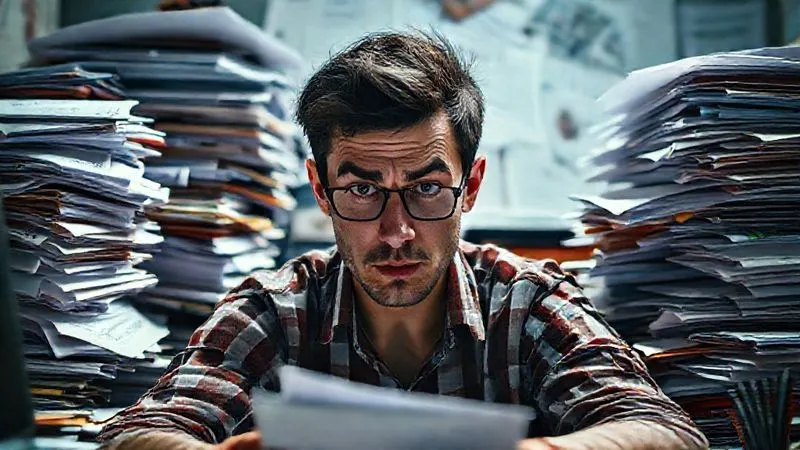 Photorealistic image of a stressed freelancer looking overwhelmed by a desk piled high with paperwork and multiple open browser tabs, cinematic lighting, sharp focus on their fatigued expression, depth of field blurring the chaotic background, 8K hyper-detailed, shot on a high-end DSLR.