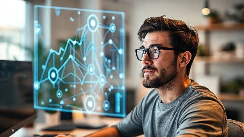 Photorealistic image of a freelancer looking confidently at a holographic projection of a growing business graph and interconnected automated systems, symbolizing scalability and control. Cinematic lighting, sharp focus on the determined expression, depth of field blurring the background of a sophisticated home office, 8K hyper-detailed, shot on a high-end DSLR.