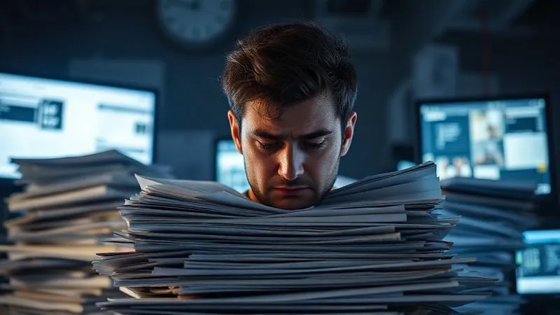 A photorealistic image of a single freelancer looking overwhelmed by a towering pile of documents and multiple glowing computer screens, depicting the chaos of manual tasks. The lighting is dim and stressful, sharp focus on the freelancer's tired expression, depth of field, 8K hyper-detailed, professional photography, shot on a high-end DSLR.