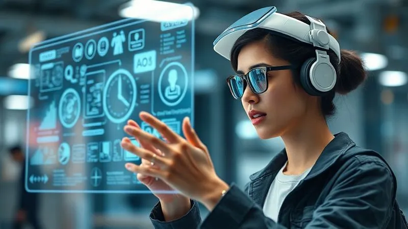 A photorealistic image of a freelancer interacting with a holographic interface displaying AI-powered tools and data visualizations, symbolizing advanced automation. The freelancer looks engaged and empowered. Futuristic but grounded in reality, cinematic lighting, sharp focus, depth of field, 8K hyper-detailed, professional photography, shot on a high-end DSLR.